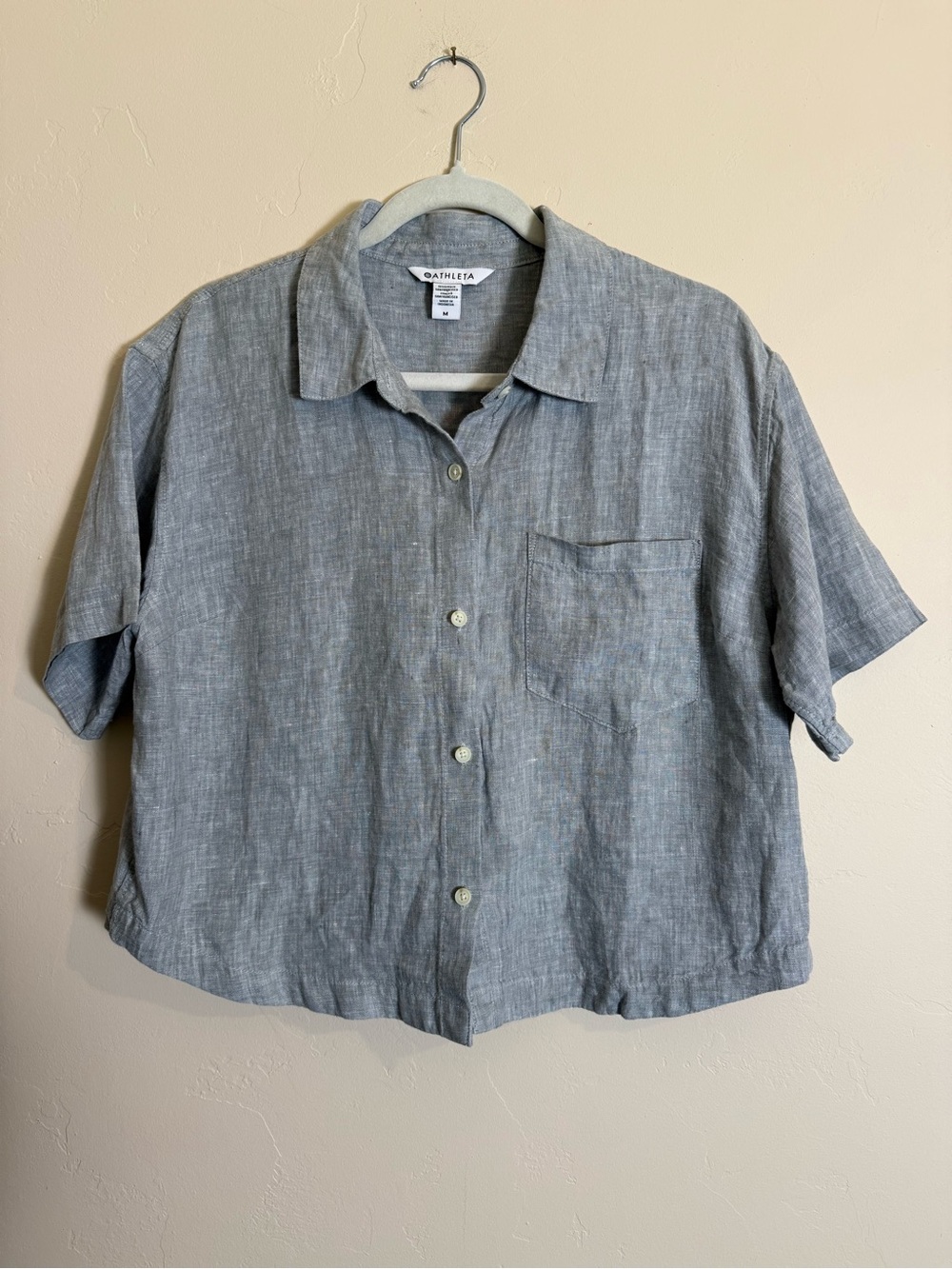 Athleta Gray 100% Linen Short-Sleeve Cropped Button Shirt